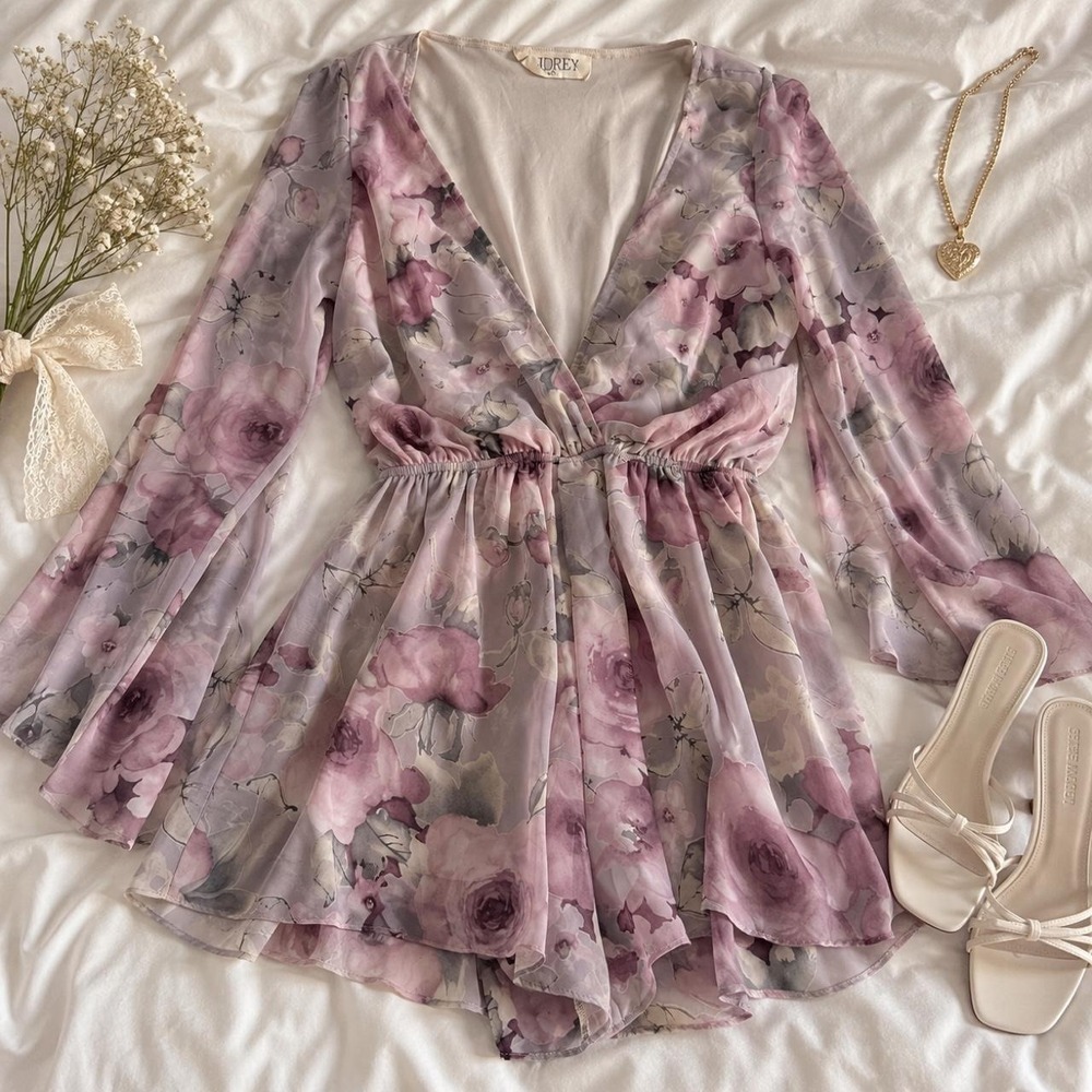 floral cottagecore romper   audrey lilac and blush floral chiffon mini romper